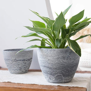 Flower Pots Outdoor Indoor Garden Planters, Plant Containers with Drain Hole, Gray, Marble Pattern (8.6 + 7.5 Inch)