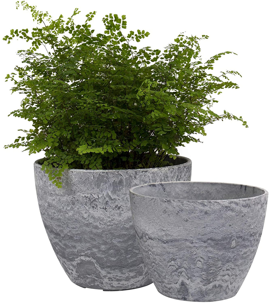 Flower Pots Outdoor Indoor Garden Planters, Plant Containers with Drain Hole, Gray, Marble Pattern (8.6 + 7.5 Inch)