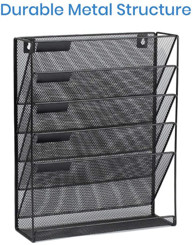 Mesh Hanging Wall File Organizer 5 Tier Vertical Mount, Durable Wall File Holder with Bottom Flat Tray for Office Home， Black