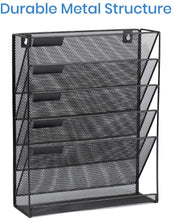 Load image into Gallery viewer, Mesh Hanging Wall File Organizer 5 Tier Vertical Mount, Durable Wall File Holder with Bottom Flat Tray for Office Home， Black