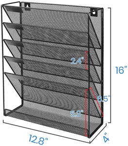 Mesh Hanging Wall File Organizer 5 Tier Vertical Mount, Durable Wall File Holder with Bottom Flat Tray for Office Home， Black