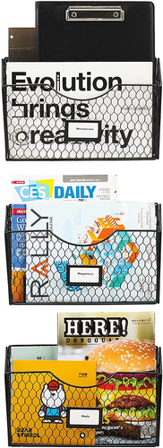 3 Pockets Hanging Wall File Organizer, File Folder and Mail Holder for Wall, Metal Chicken Wire Baskets with Tag Slot for Office and Home, Black