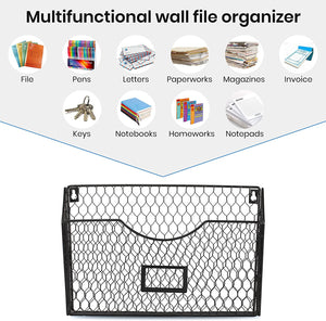 3 Pockets Hanging Wall File Organizer, File Folder and Mail Holder for Wall, Metal Chicken Wire Baskets with Tag Slot for Office and Home, Black