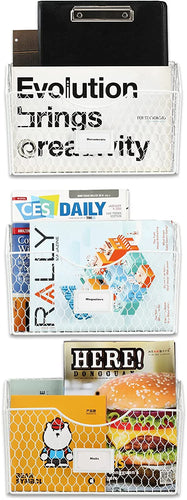 3 Pockets Hanging Wall File Organizer, File Folder and Mail Holder for Wall, Metal Chicken Wire Baskets with Tag Slot for Office and Home, White