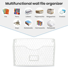 Load image into Gallery viewer, 3 Pockets Hanging Wall File Organizer, File Folder and Mail Holder for Wall, Metal Chicken Wire Baskets with Tag Slot for Office and Home, White