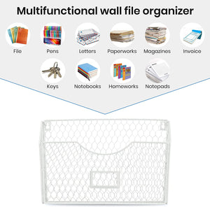 3 Pockets Hanging Wall File Organizer, File Folder and Mail Holder for Wall, Metal Chicken Wire Baskets with Tag Slot for Office and Home, White