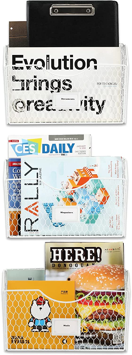3 Pockets Hanging Wall File Organizer, File Folder and Mail Holder for Wall, Metal Chicken Wire Baskets with Tag Slot for Office and Home, White