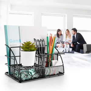 Desk Organizer, Mesh Office Supplies Desk Accessories, Features 5 Compartments + 1 Mini Sliding Drawer(Black)