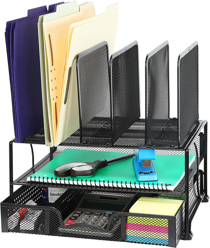 File Folder Racks & File Folder Holders Mesh Desk Organizer with Sliding Drawer, Double Tray and 5 Upright Sections, Black