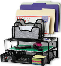 Load image into Gallery viewer, Office Racks &amp; Displays Mesh Desk Organizer with Sliding Drawer, Double Tray and 5 Stacking Sorter Sections, Black