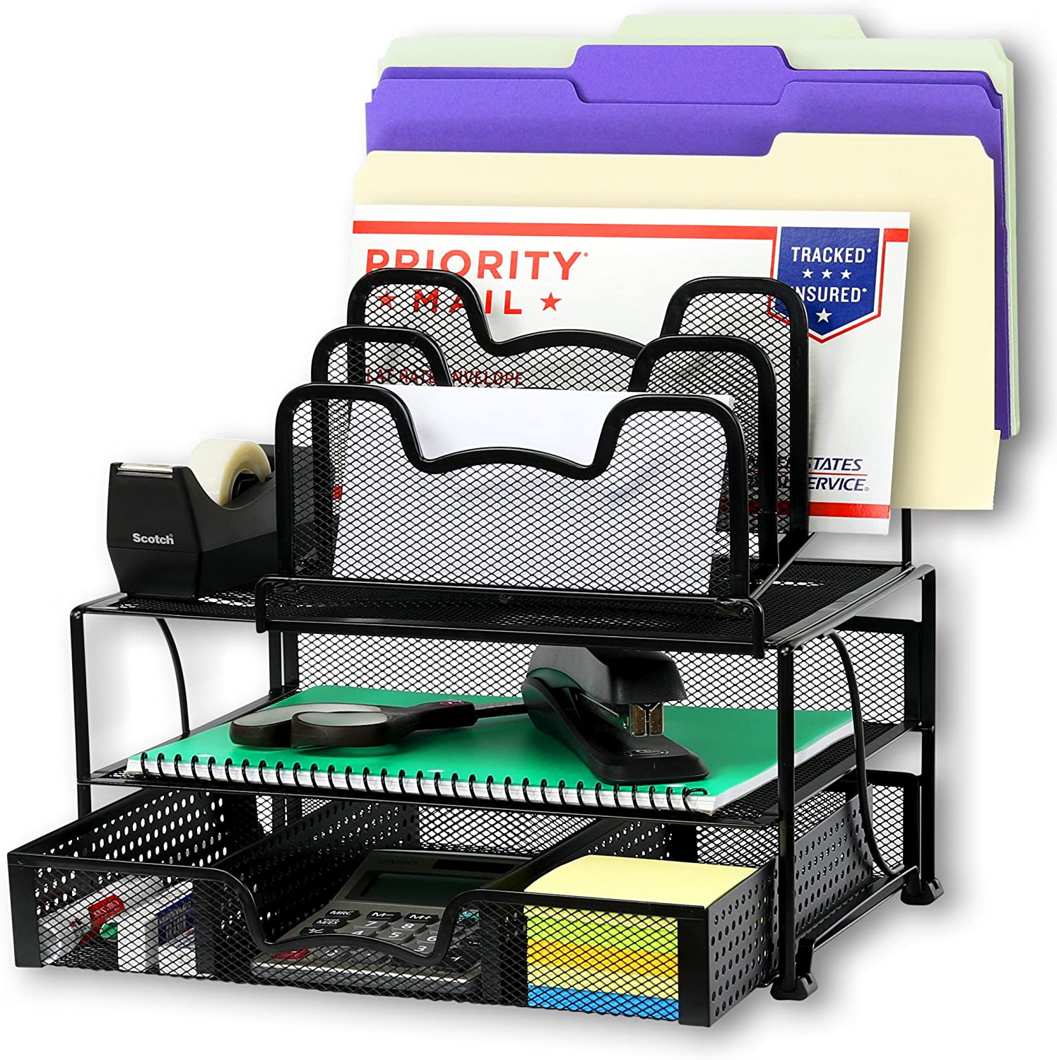 Office Racks & Displays Mesh Desk Organizer with Sliding Drawer, Doubl ...
