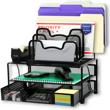 Load image into Gallery viewer, Office Racks &amp; Displays Mesh Desk Organizer with Sliding Drawer, Double Tray and 5 Stacking Sorter Sections, Black