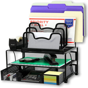 Office Racks & Displays Mesh Desk Organizer with Sliding Drawer, Double Tray and 5 Stacking Sorter Sections, Black