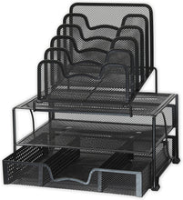 Load image into Gallery viewer, Office Racks &amp; Displays Mesh Desk Organizer with Sliding Drawer, Double Tray and 5 Stacking Sorter Sections, Black