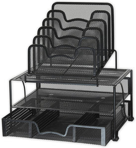 Office Racks & Displays Mesh Desk Organizer with Sliding Drawer, Double Tray and 5 Stacking Sorter Sections, Black