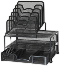 Load image into Gallery viewer, Office Racks &amp; Displays Mesh Desk Organizer with Sliding Drawer, Double Tray and 5 Stacking Sorter Sections, Black
