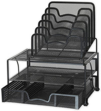 Load image into Gallery viewer, Office Racks &amp; Displays Mesh Desk Organizer with Sliding Drawer, Double Tray and 5 Stacking Sorter Sections, Black
