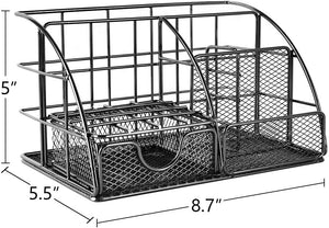 Desk Organizer, Mesh Office Supplies Desk Accessories, Features 5 Compartments + 1 Mini Sliding Drawer(Dark Gray)