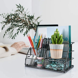 Desk Organizer, Mesh Office Supplies Desk Accessories, Features 5 Compartments + 1 Mini Sliding Drawer(Dark Gray)