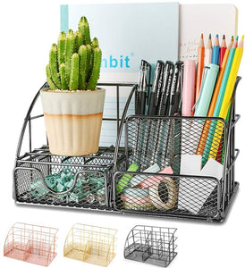 Desk Organizer, Mesh Office Supplies Desk Accessories, Features 5 Compartments + 1 Mini Sliding Drawer(Dark Gray)