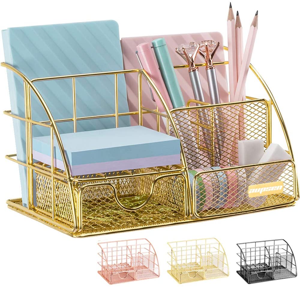 Grehge TNELTUEB Rose Gold Desk Organizer Mesh Office Supplies and  Accessories with 6 Compartments + Drawer, Multi-Functional Desk Accessories  Cute