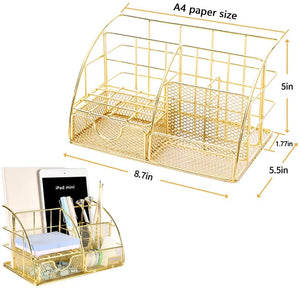Gold Desk Organizer, AUPSEN Mesh Office Supplies Desk Accessories, Features 5 Compartments + 1 Mini Sliding Drawer