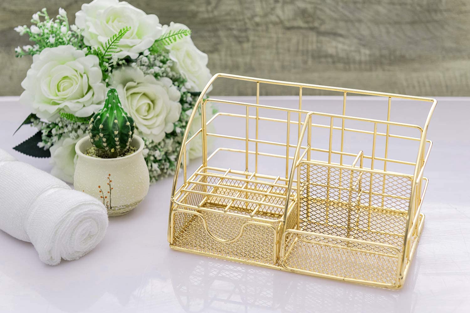 Gold Desk Organizer AUPSEN Mesh Office Supplies Desk Accessories Features 5 Compartments + 1 Mini Sliding Drawer