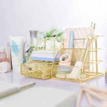 Load image into Gallery viewer, Gold Desk Organizer, AUPSEN Mesh Office Supplies Desk Accessories, Features 5 Compartments + 1 Mini Sliding Drawer