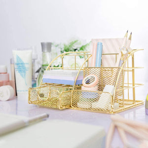 Gold Desk Organizer, AUPSEN Mesh Office Supplies Desk Accessories, Features 5 Compartments + 1 Mini Sliding Drawer