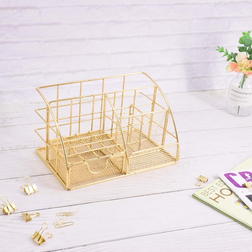 Grehge TNELTUEB Rose Gold Desk Organizer Mesh Office Supplies and  Accessories with 6 Compartments + Drawer, Multi-Functional Desk Accessories  Cute