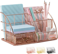Load image into Gallery viewer, Rose Gold Desk Organizer for Women, AUPSEN Mesh Office Supplies Desk Accessories, Features 5 Compartments + 1 Mini Sliding Drawer
