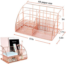 Load image into Gallery viewer, Rose Gold Desk Organizer for Women, AUPSEN Mesh Office Supplies Desk Accessories, Features 5 Compartments + 1 Mini Sliding Drawer