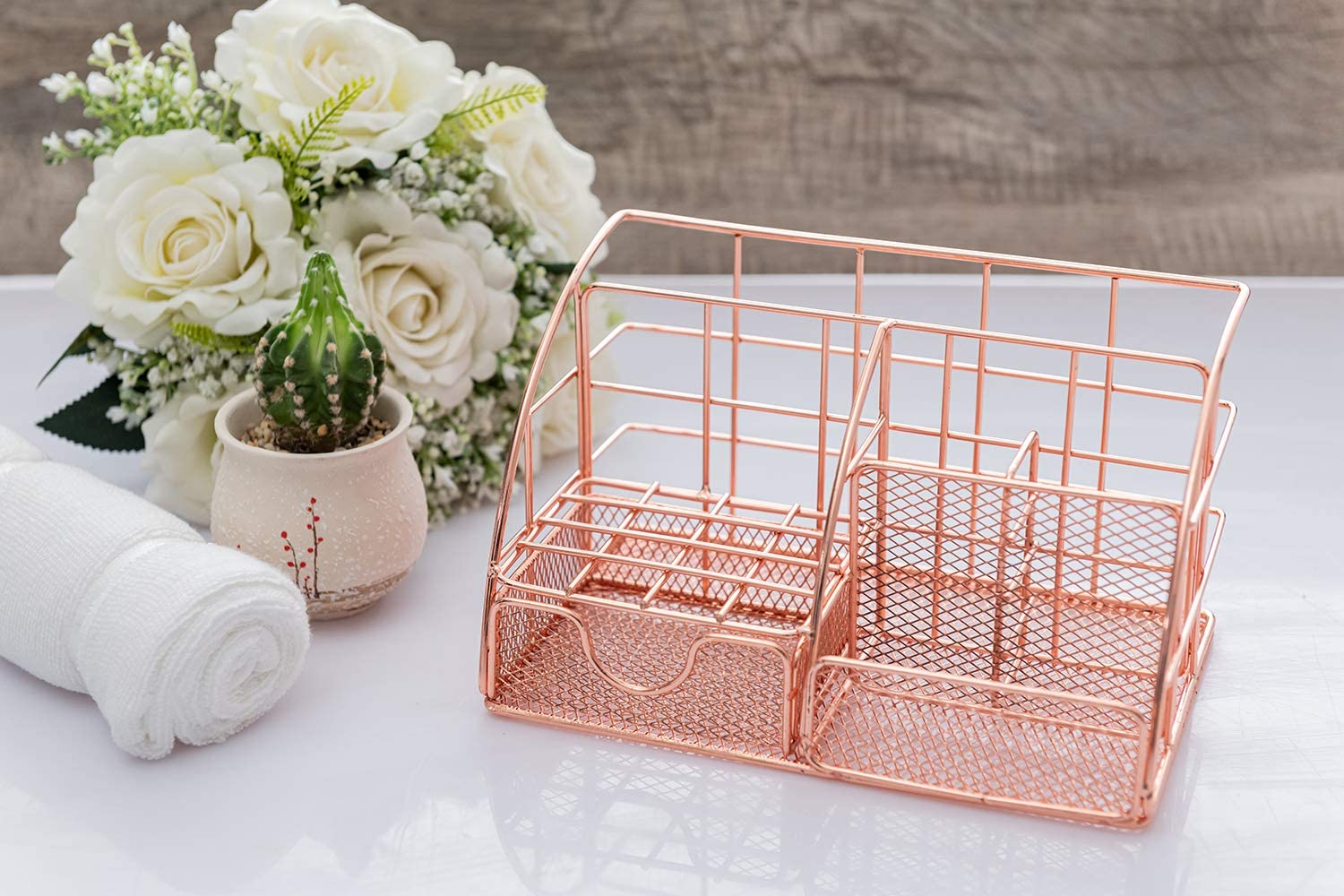 Grehge TNELTUEB Rose Gold Desk Organizer Mesh Office Supplies and  Accessories with 6 Compartments + Drawer, Multi-Functional Desk Accessories  Cute