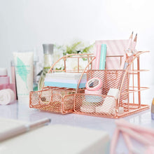 Load image into Gallery viewer, Rose Gold Desk Organizer for Women, AUPSEN Mesh Office Supplies Desk Accessories, Features 5 Compartments + 1 Mini Sliding Drawer
