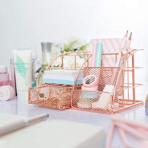 Rose Gold Desk Organizer for Women, AUPSEN Mesh Office Supplies Desk Accessories, Features 5 Compartments + 1 Mini Sliding Drawer