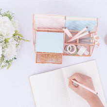 Load image into Gallery viewer, Rose Gold Desk Organizer for Women, AUPSEN Mesh Office Supplies Desk Accessories, Features 5 Compartments + 1 Mini Sliding Drawer