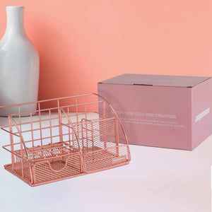 Rose Gold Desk Organizer for Women, AUPSEN Mesh Office Supplies Desk Accessories, Features 5 Compartments + 1 Mini Sliding Drawer
