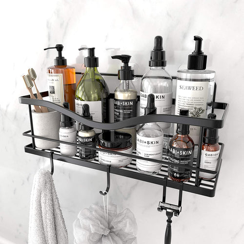 Shower Caddy Basket Shelf with Hooks, Caddy Organizer Wall Mounted Rustproof Basket with Adhesive, No Drilling, 304 Stainless Steel Black