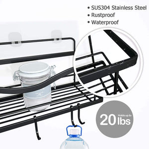 Shower Caddy Basket Shelf with Hooks, Caddy Organizer Wall Mounted Rustproof Basket with Adhesive, No Drilling, 304 Stainless Steel Black