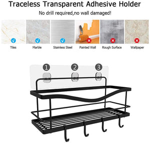 Shower Caddy Basket Shelf with Hooks, Caddy Organizer Wall Mounted Rustproof Basket with Adhesive, No Drilling, 304 Stainless Steel Black