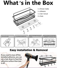 Load image into Gallery viewer, Shower Caddy Basket Shelf with Hooks, Caddy Organizer Wall Mounted Rustproof Basket with Adhesive, No Drilling, 304 Stainless Steel Black