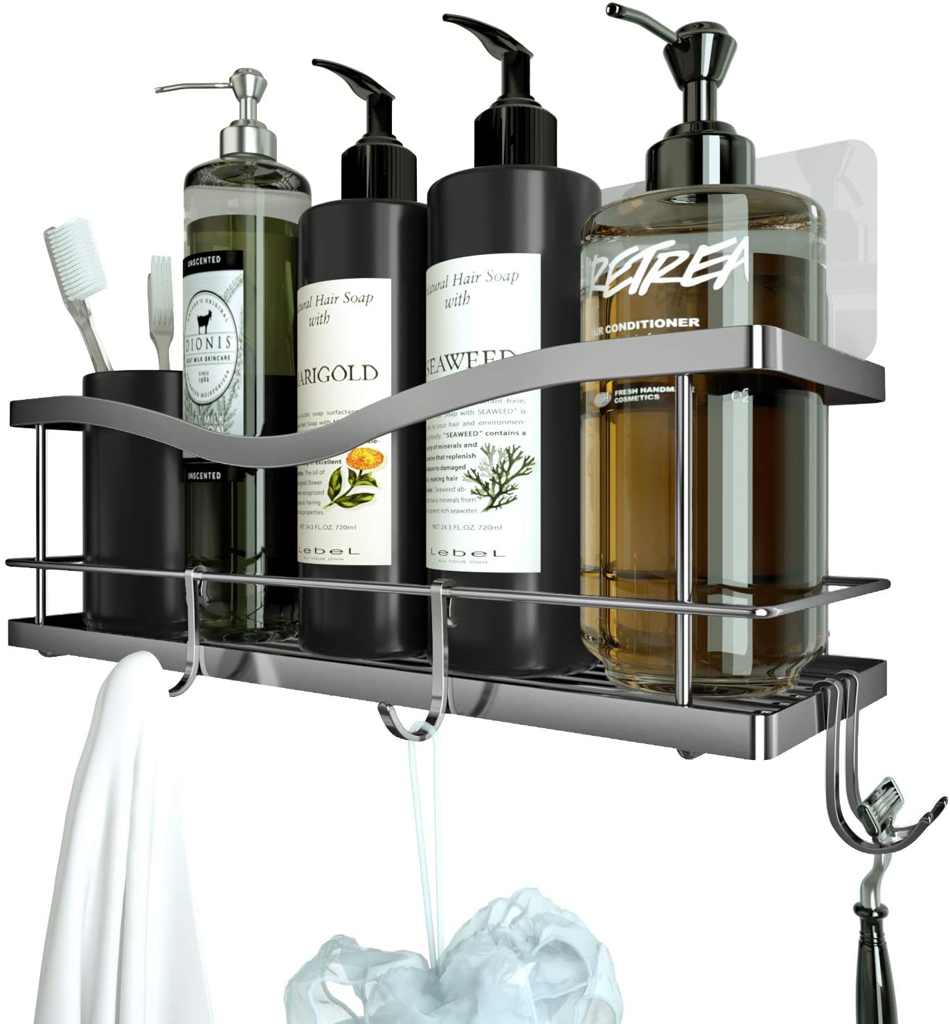 Shower Caddy Basket Shelf with Hooks for Hanging Sponge and Razor