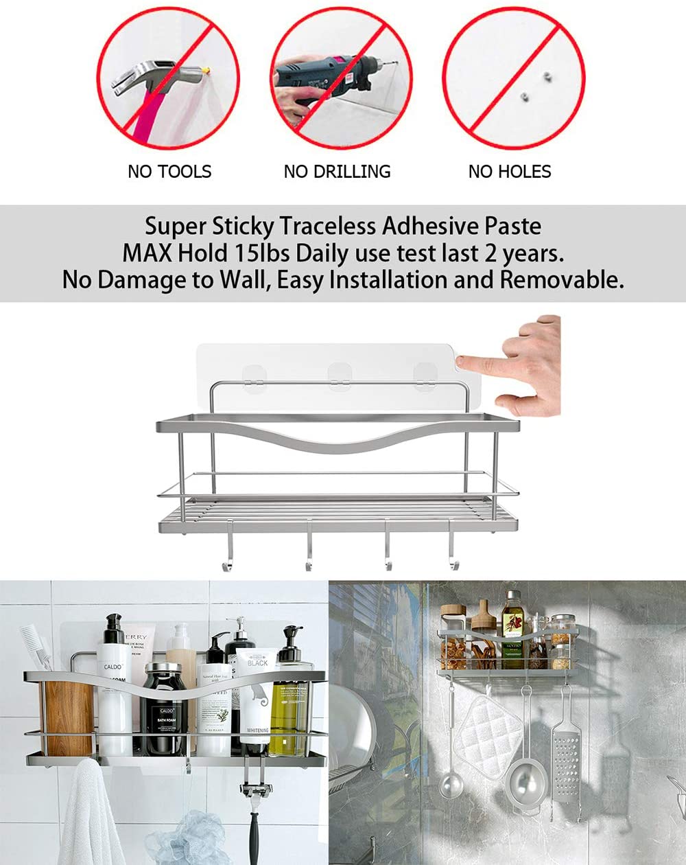 Shower Caddy Basket Shelf with Hooks for Hanging Sponge and Razor,Shampoo  Holder Organizer,No Drilling Adhesive Wall Mounted Bathroom Shelf,Rustproof