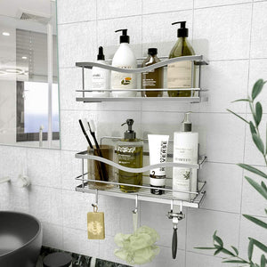 Shower Caddy Bathroom Shelf, No Drilling Traceless Adhesive Bathroom Storage Organizer, SUS304 Rustproof Food Storage Basket, 2-in-1 Kitchen Spice Racks-2 Pack (Polished Silver)