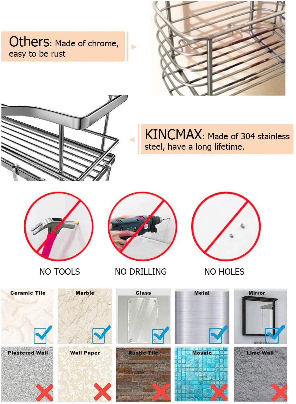 KINCMAX Shower Caddies (2 Pack), Rustproof Stainless Steel, Adhesive Wall  Mount Baskets with 4 Hooks (Polished Silver)