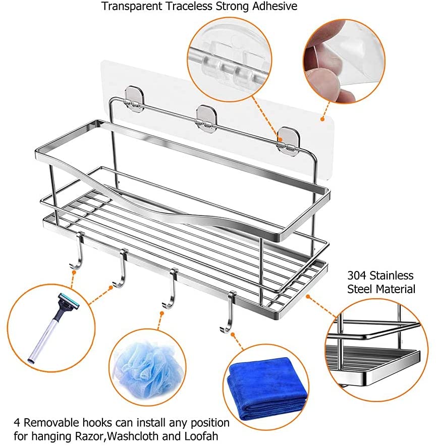 2 Packs Adhesive Shower Caddy with Hooks - No Drilling Rustproof Traceless  Stainless Steel Wall Mounted Shower Storage Organizer Shelf Rack Holder for