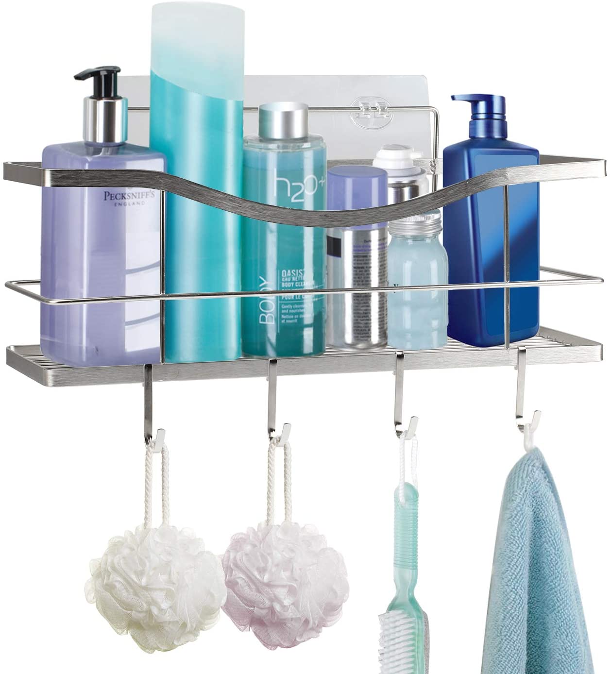 HAMITOR Adjustable Large Shower Organizer with Soap Holder - Rust Proof  Bathroom Shelf Shampoo Storage Rack with 3-Tier Baskets - 4 Movable Hooks  for