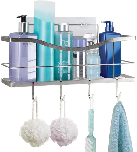 Adhesive Shower Caddy Shelf Shower Organizer Basket Wall with 4 Hooks for Razor Shampoo Holder Hanging Bathroom Shower Storage Rack-Silver-SUS 304 Rustproof