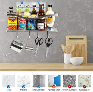 Adhesive Shower Caddy Shelf Shower Organizer Basket Wall with 4 Hooks for Razor Shampoo Holder Hanging Bathroom Shower Storage Rack-Silver-SUS 304 Rustproof