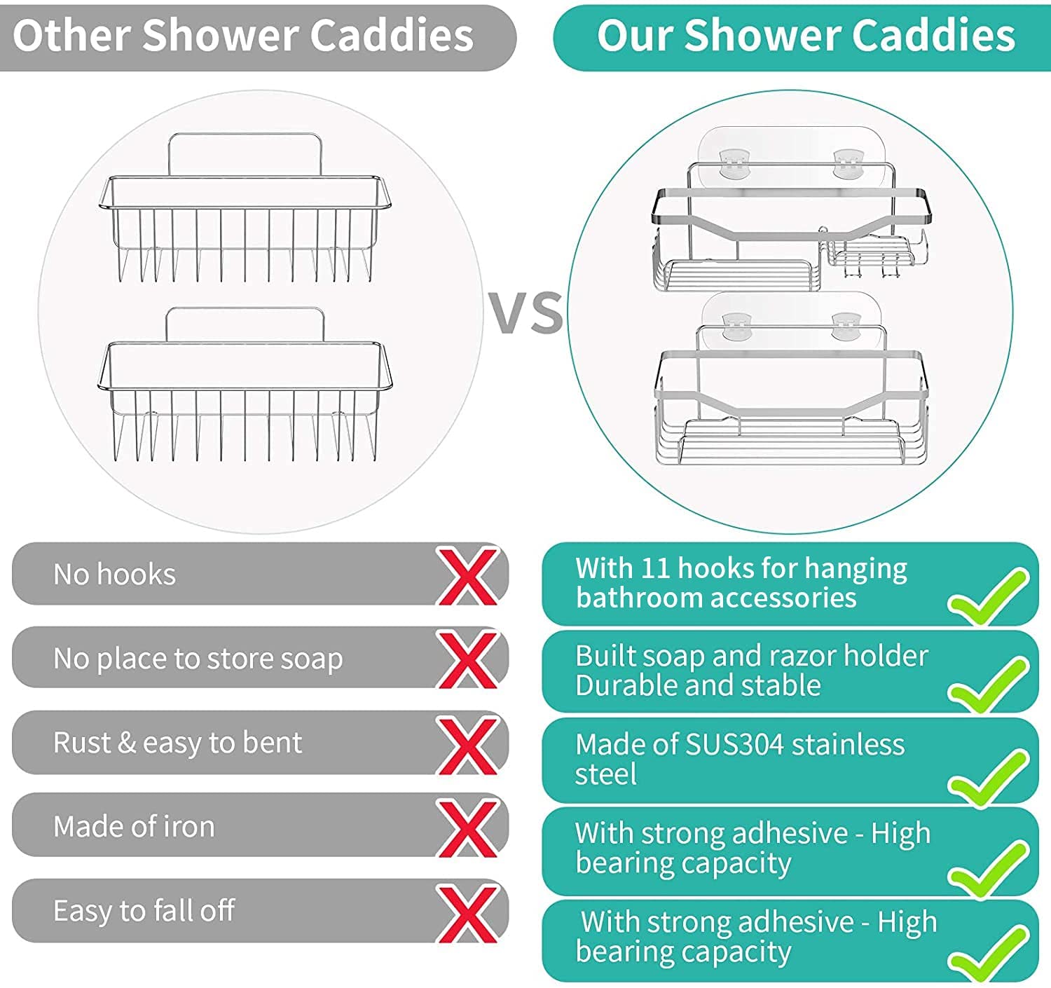 HapiRm Shower Caddy Shower Storage Rack with 11 Hooks for Hanging Shower Ball and Razor, Shampoo Holder Organizer No Drilling Shower Shelf with 4